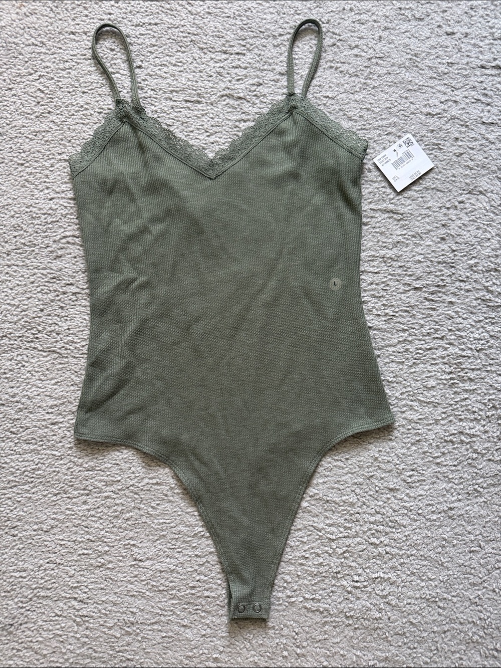 American Eagle Outfitters Olive Lace-Trim Ribbed Bodysuit | Sz L